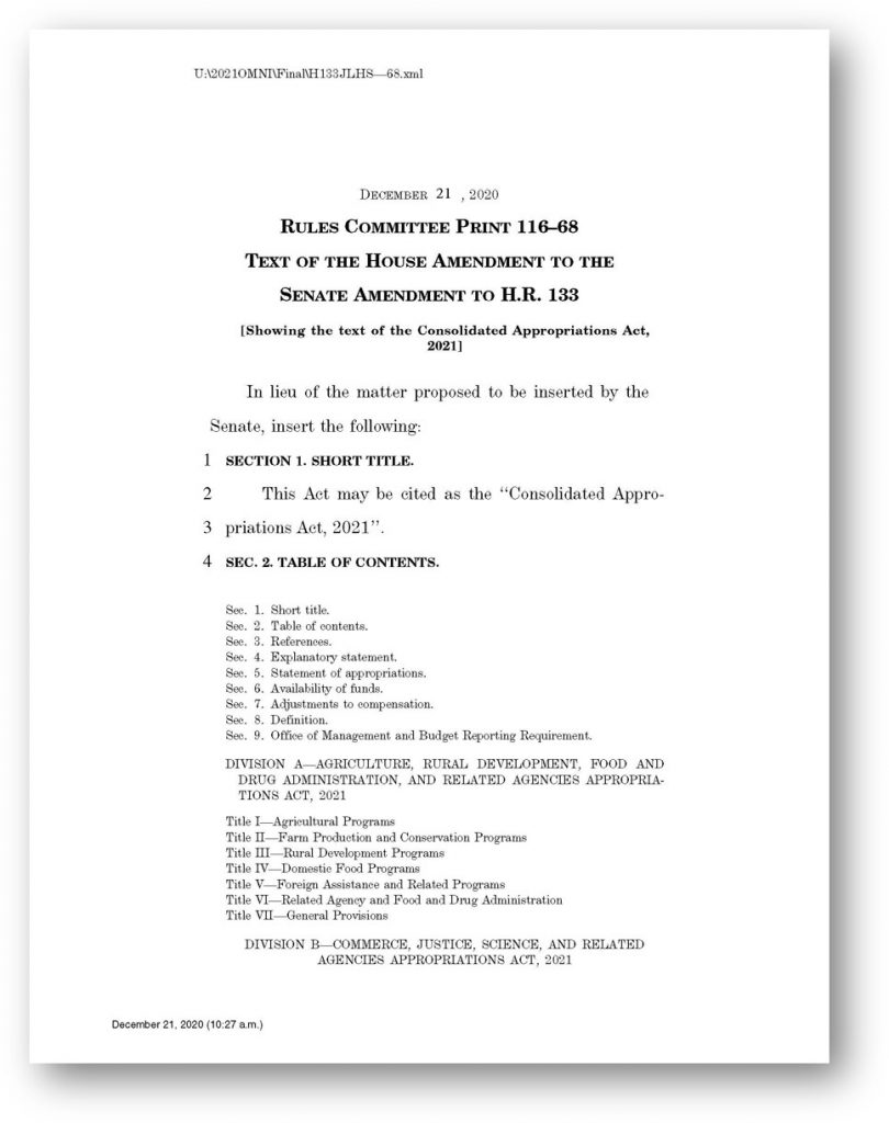 Proposed Coronavirus Relief Legislation Titled ‘Consolidated Appropriations Act, 2021’ Would